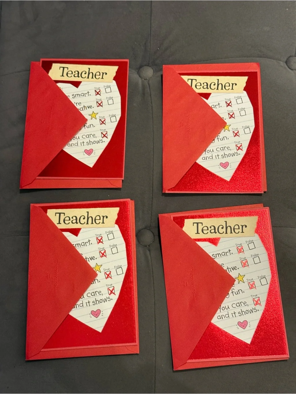 Valentines Red Teacher Appreciation Cards - Set of 4